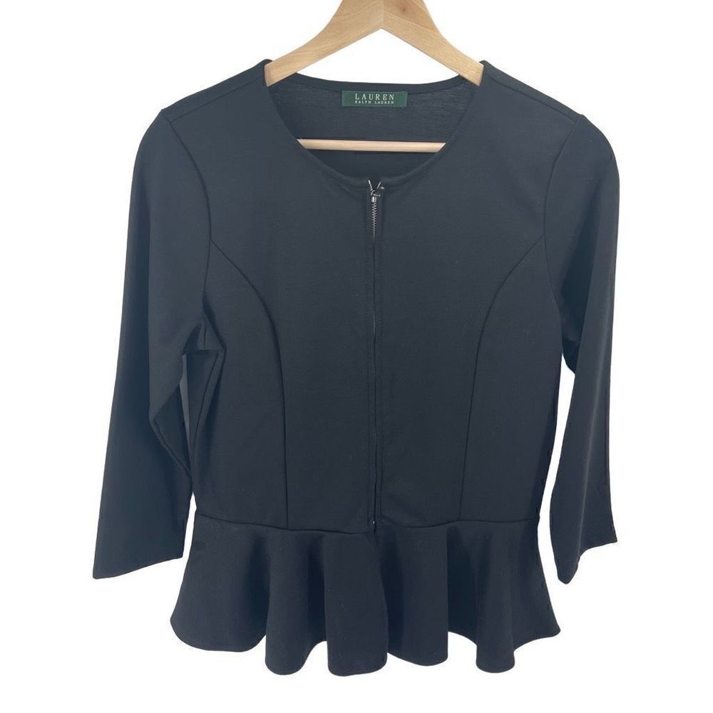 Lauren Ralph Lauren Women's Zip Up Peplum Top Casual Black Size Medium